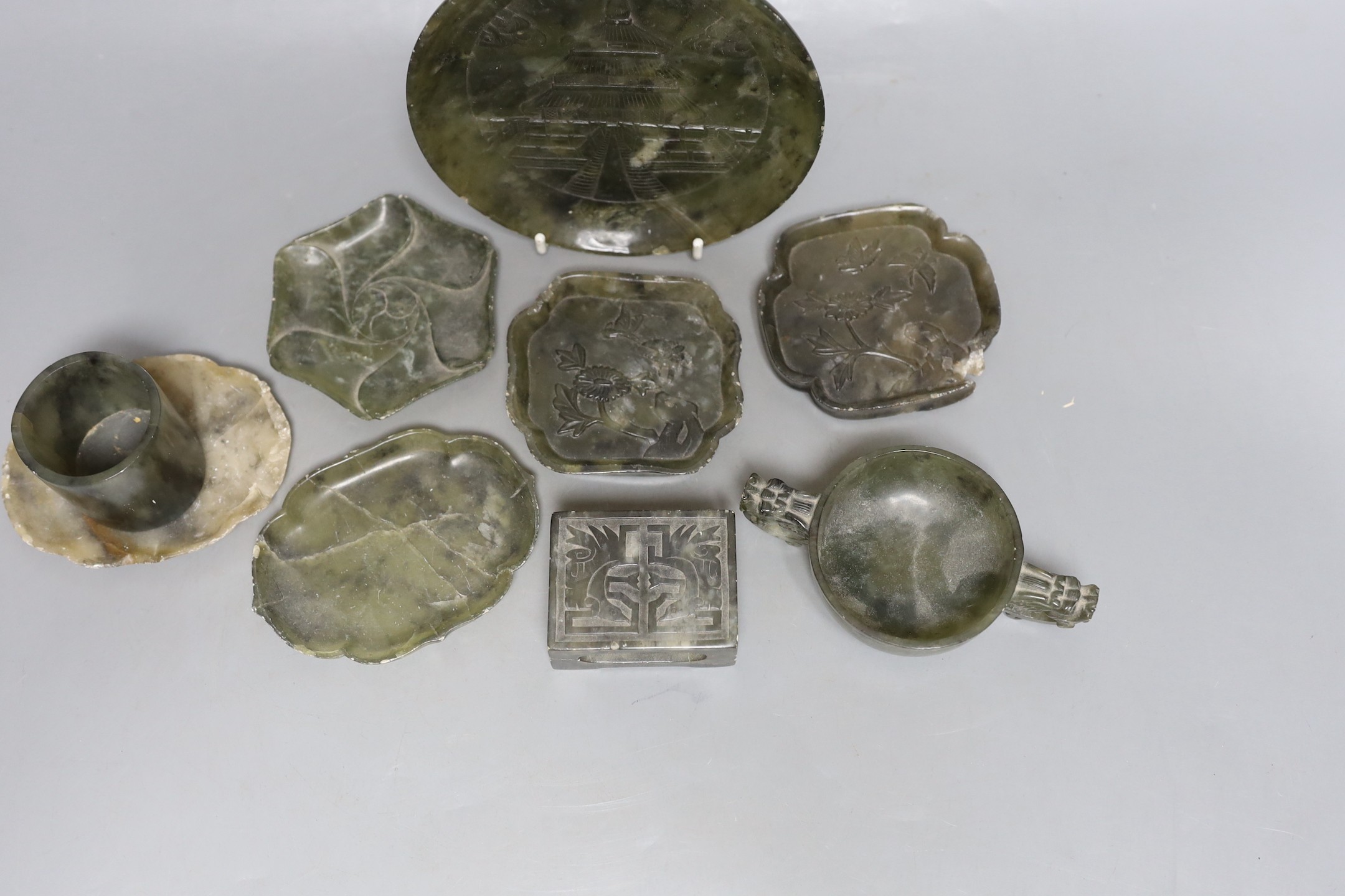 Nine carved Chinese soapstone items